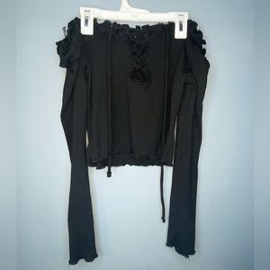 Black Ribbed Long Sleeve Off the Shoulder Top | Women’s Size Medium (Tie Up)